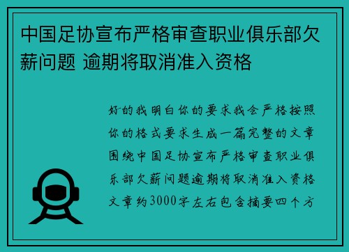 中国足协宣布严格审查职业俱乐部欠薪问题 逾期将取消准入资格 中国足协宣布严格审查职业俱乐部欠薪问题 逾期将取消准入资格