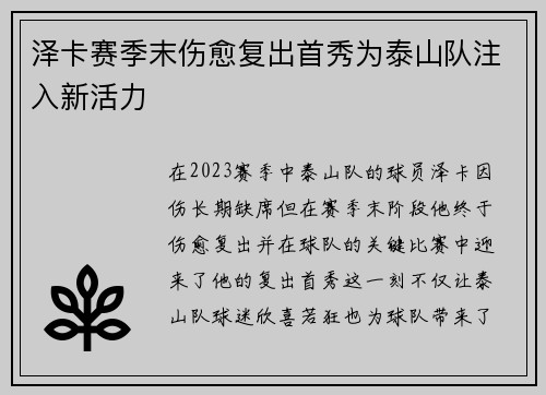 泽卡赛季末伤愈复出首秀为泰山队注入新活力